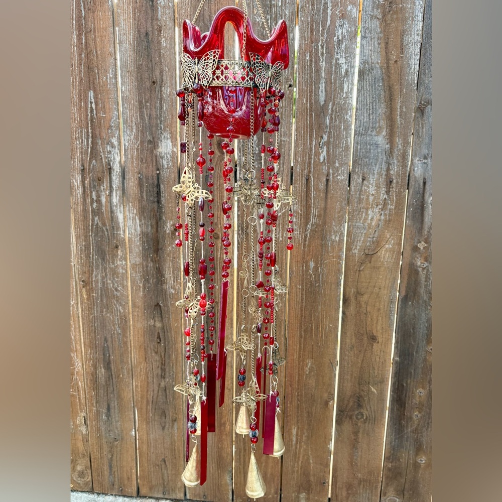 Murano Style Red Gold Glass Chandelier Butterfly Wind Chime For Candle Or Birds